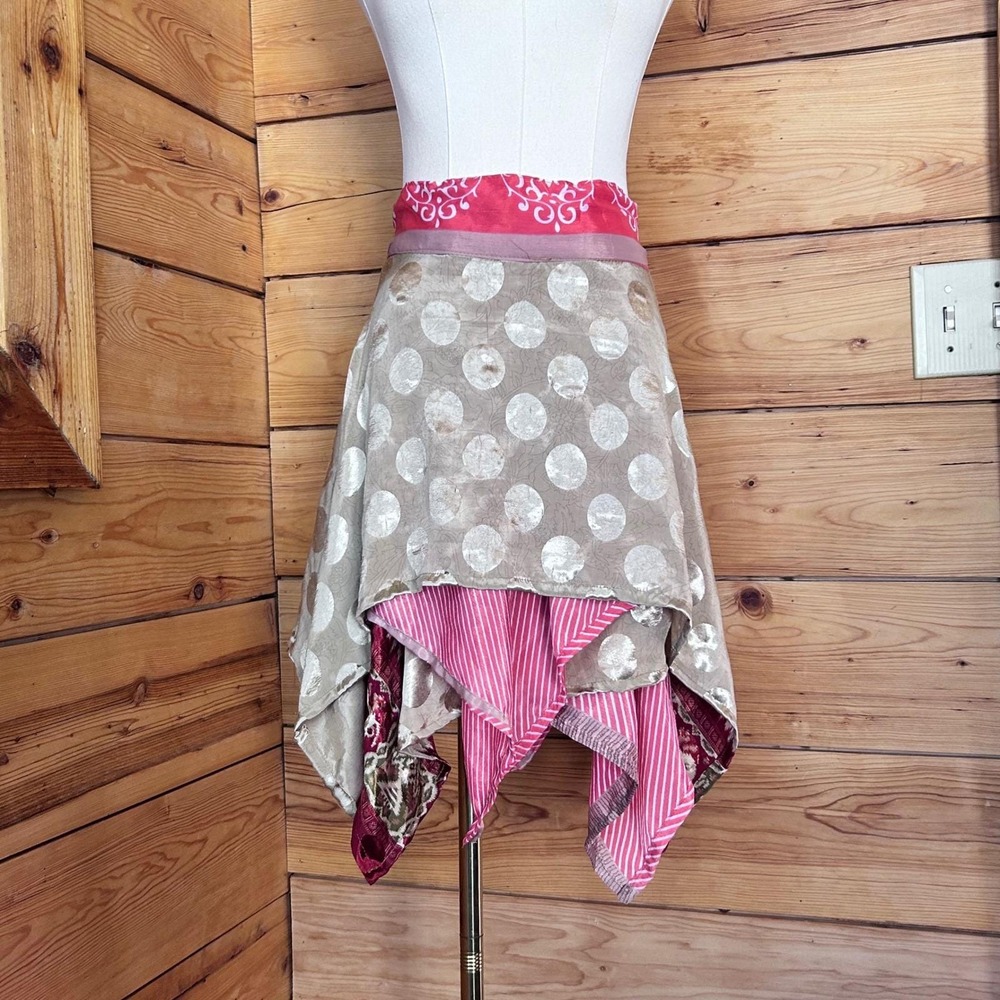 Vintage Silk Reversible Wrap Skirt Women Large Pink Patchwork Boho Handmade OOAK